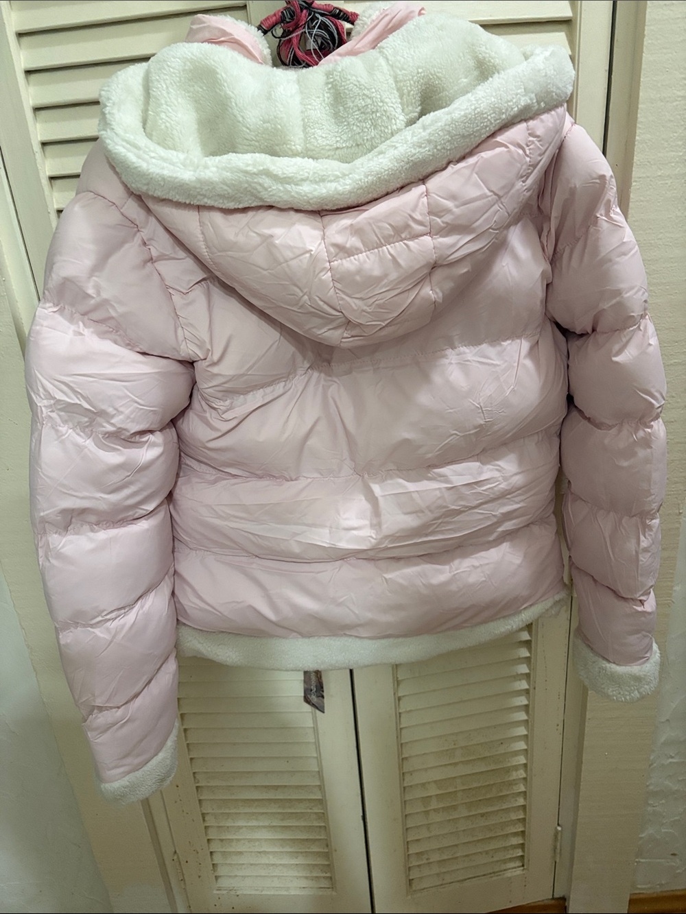 Light Pink Hooded Puffy Jacket with Sherpa Trim